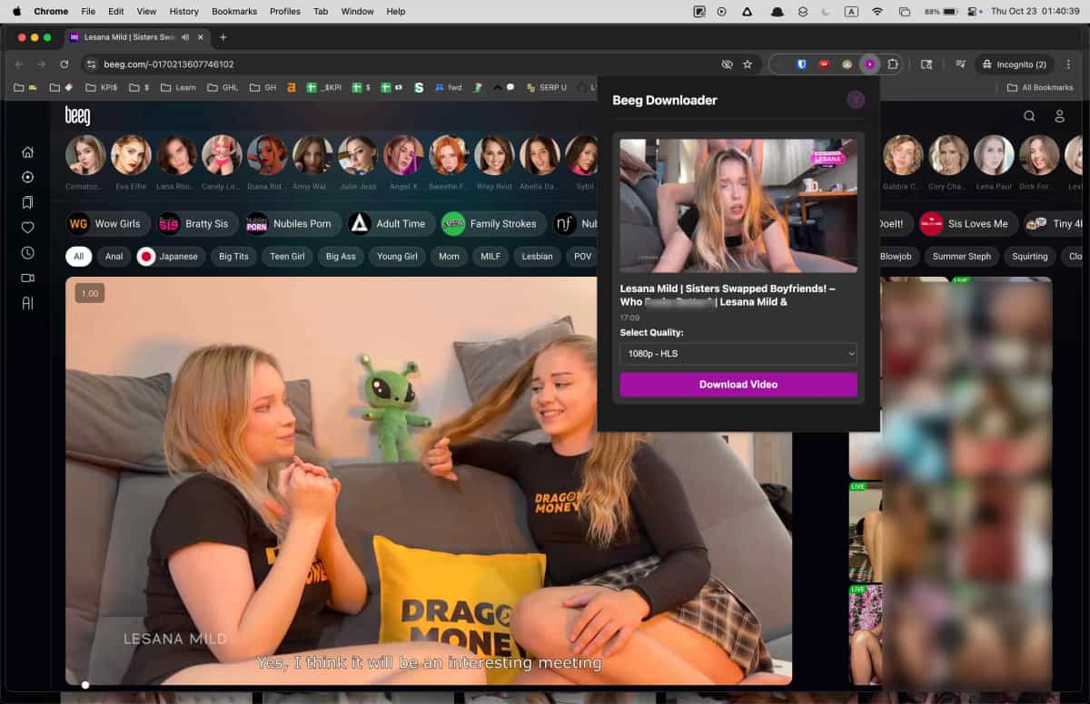 Beeg Video Downloader app interface showing download options