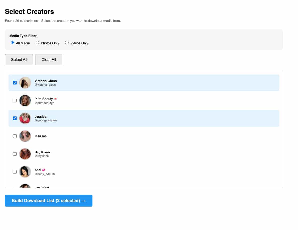 Onlyfans Downloader creator selection controls