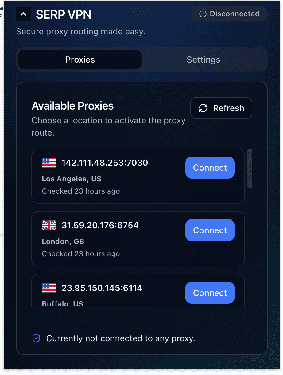 SERP VPN Extension popup showing connection status and location selection