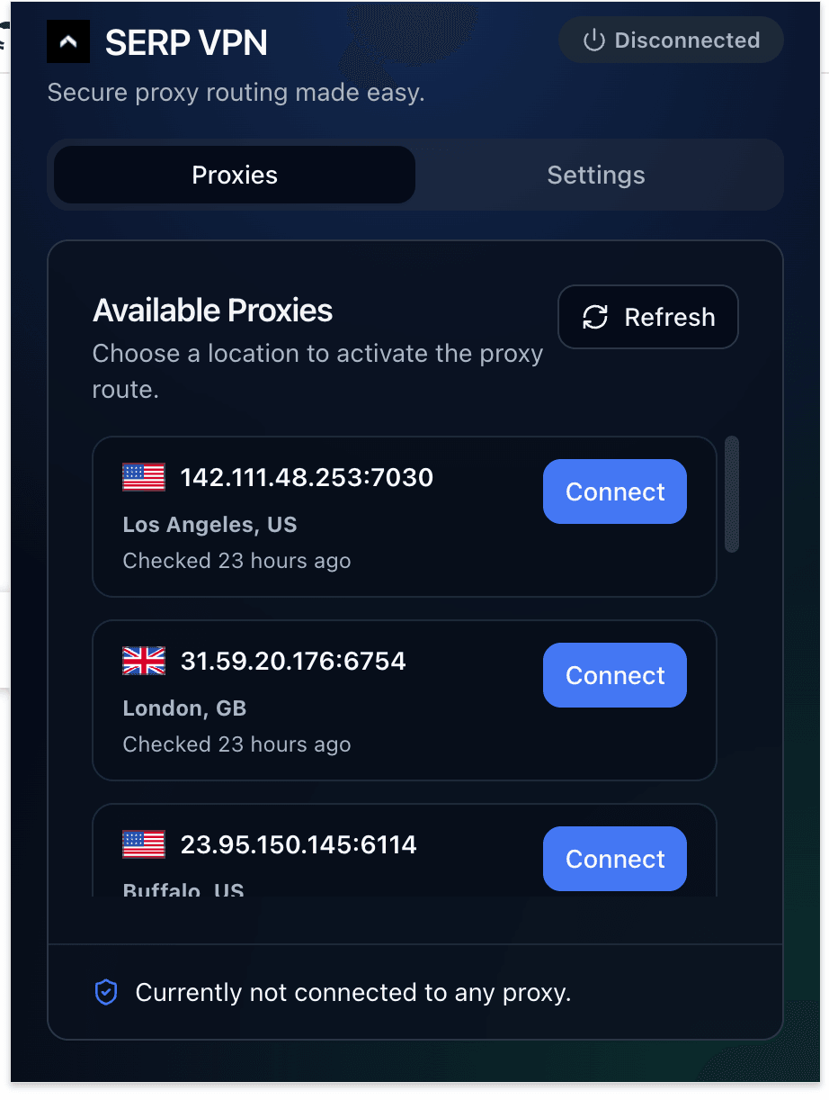 SERP VPN Extension popup showing connection status and location selection
